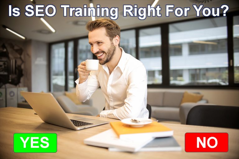 a man with an happy face drinking coffee in front of the laptop inside the office of the SEO training test if SEO training is right for you (Yes or NO)