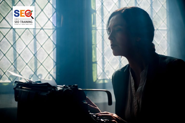 woman on typewriter doing blog for digital marketing training