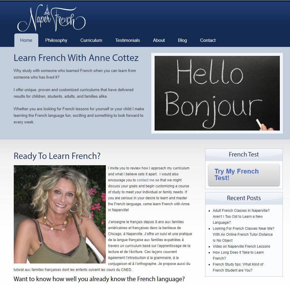 A Screen of NaperFrench French Language School Website With The Picture Of The Teacher Anne Cottez