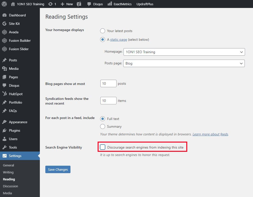 noindex setting in WordPress