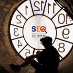 a big clock with a man looking at it thinking it's the right time to learn SEO