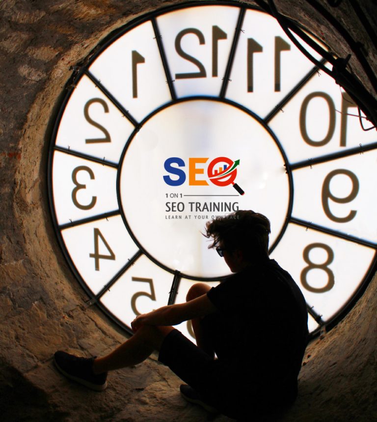 a big clock with a man looking at it thinking it's the right time to learn SEO