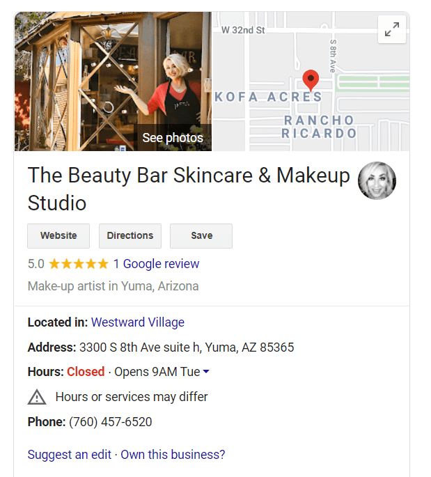 Beauty Bar GMB Listing