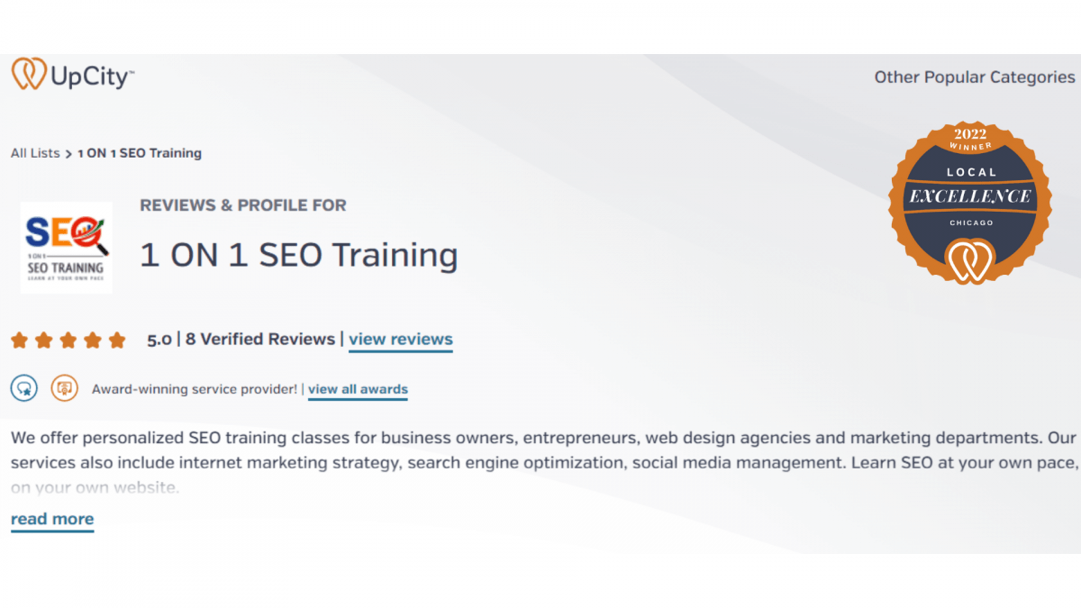 A Screenshot of 1on1 SEO Training Showing 5 Stars Review And 2022 Local Excellence Award Winner by UpCity!