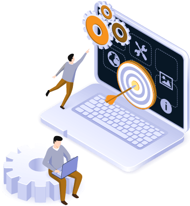 This illustration shows a big laptop with a man pointing on gear wheel, a dart and a student working on improving his own website.
