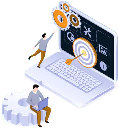 This illustration shows a big laptop with a man pointing on gear wheel, a dart and a student working on improving his own website.