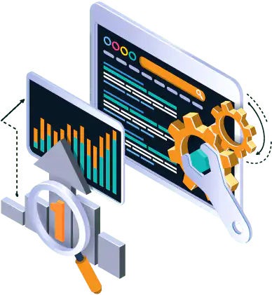 Two Monitors with an arrow pointing upward, a magnifying glass and a gear wheel with screw driver promoting Google Ranking Factor