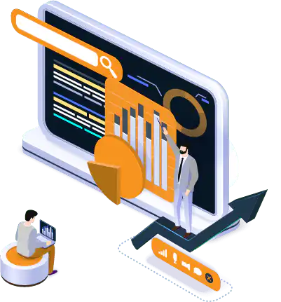 SEO coach explains the subject to the student. The illustration shows a screen full of graphs and SEO icons on a Private SEO Class