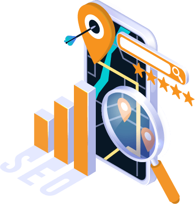 The illustration shows a smartphone with a ascending chart, a pin point and a magnifying glass, five stars follows the other elements of SEO Results Investment