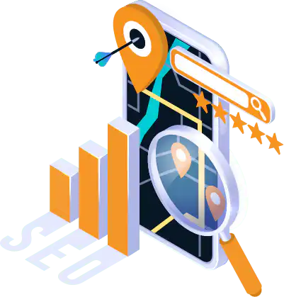 The illustration shows a smartphone with a ascending chart, a pin point and a magnifying glass, five stars follows the other elements of SEO Results Investment