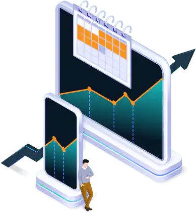 A cellphone and a big monitor with a man looking on his watch while Measuring and Tracking SEO Success