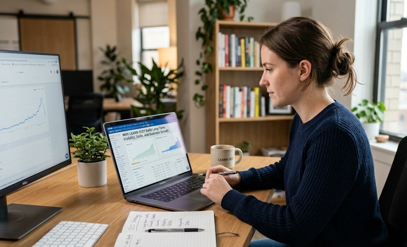 A woman analyzing an SEO dashboard on her laptop to understand why learning SEO drives long-term visibility and business growth.