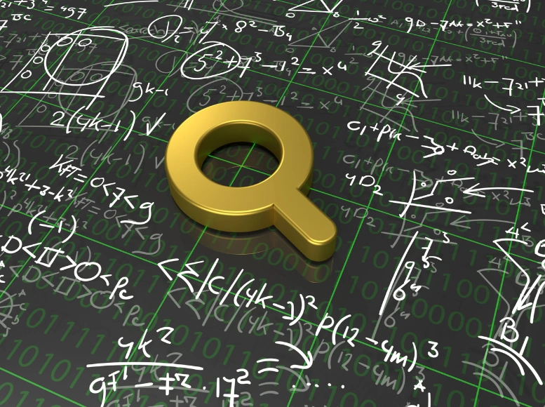 a gold magnifying glass on a black background with math equations