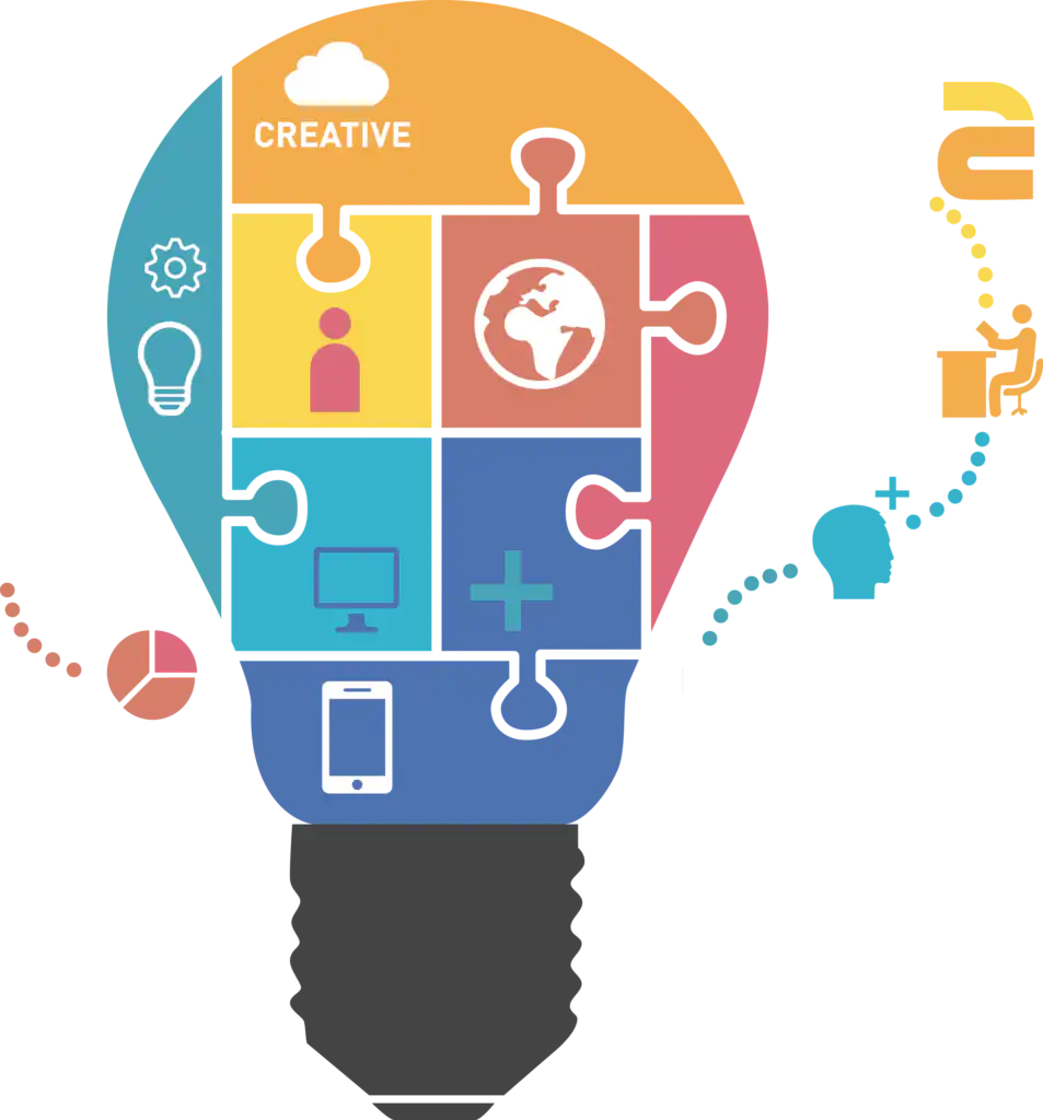 A light bulb with multiple icons, illustrating concepts and strategies in an SEO course designed for professionals.