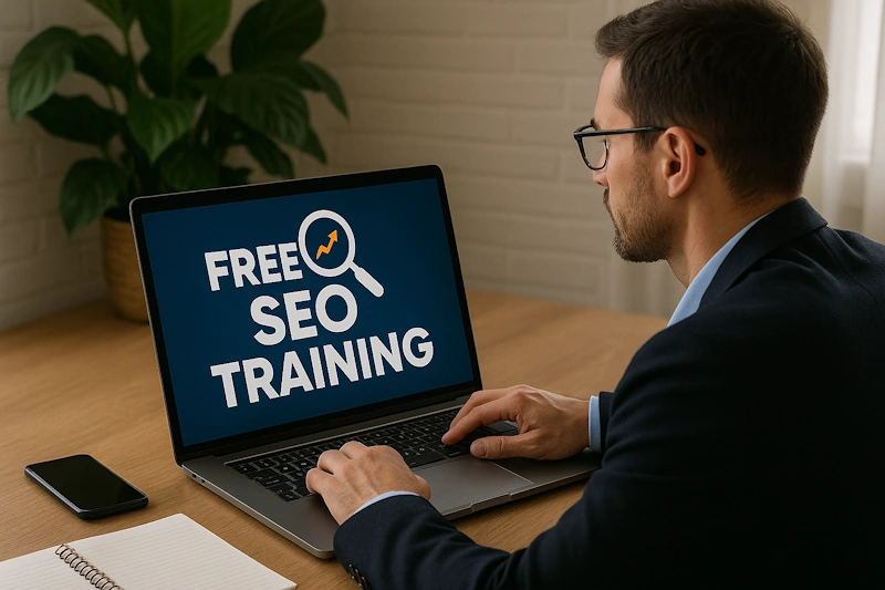 Man on a laptop during a Free SEO online course