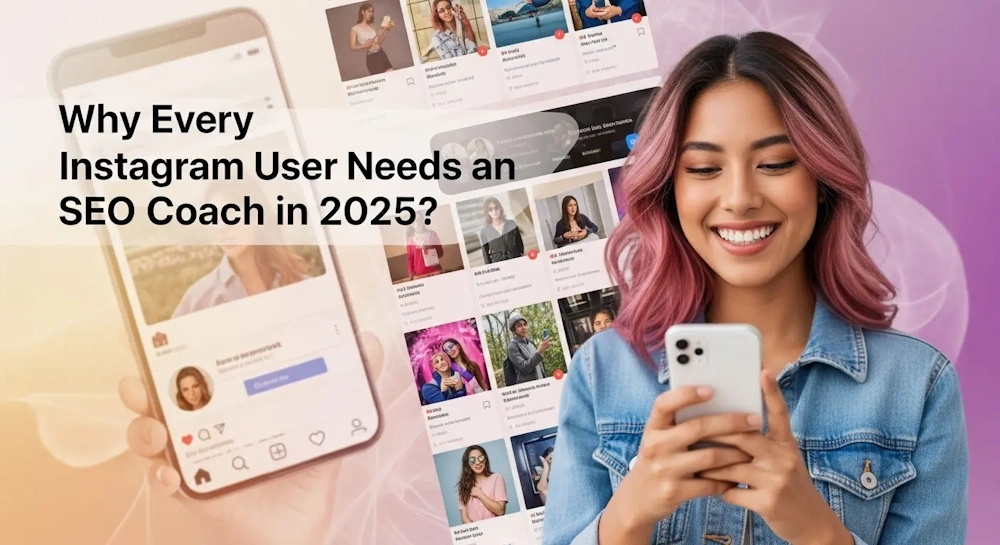 A person using a smartphone, with Instagram profiles in the background and text about needing an SEO coach in 2025.