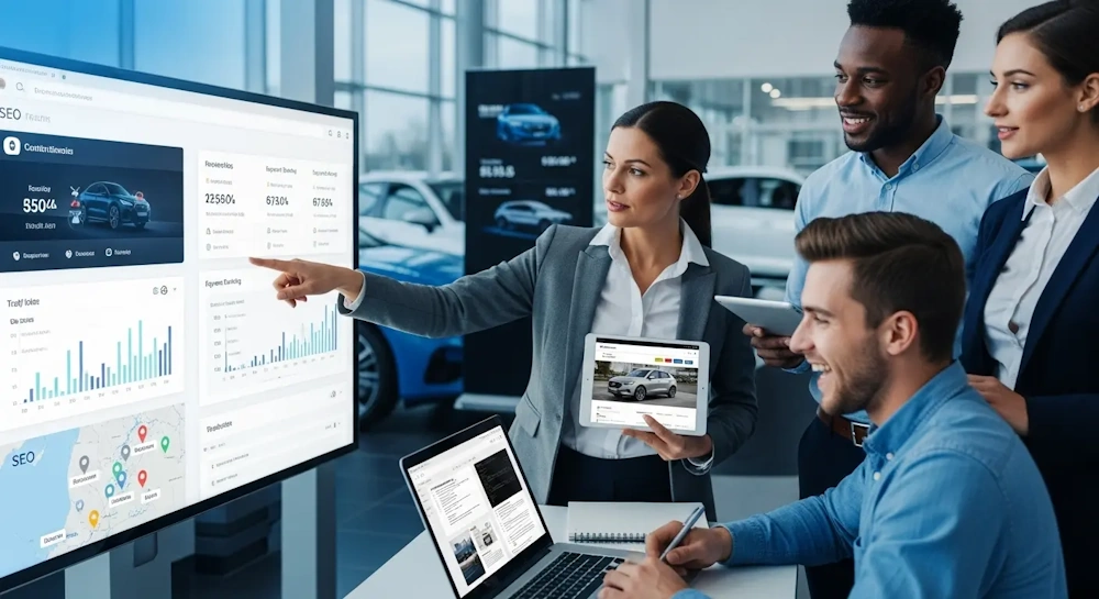 Office professionals review automotive sales performance, leveraging SEO for car dealers to boost online visibility.