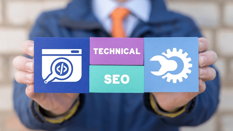 Illustration of SEO with a computer screen and SEO text for technical SEO training