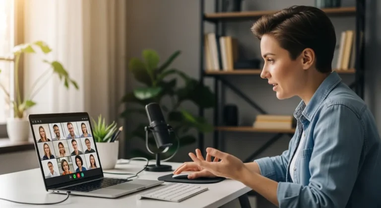 Person in a video call on a laptop with multiple participants on screen during an online SEO training