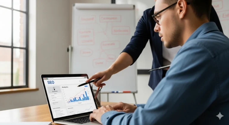 Two people focused on SEO training on a laptop in an office.