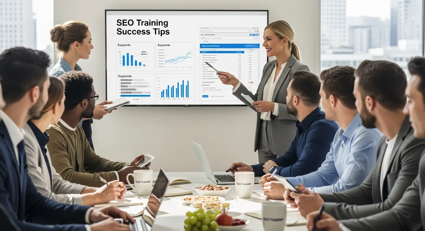 Business meeting with presentation on SEO Training Success Tips.