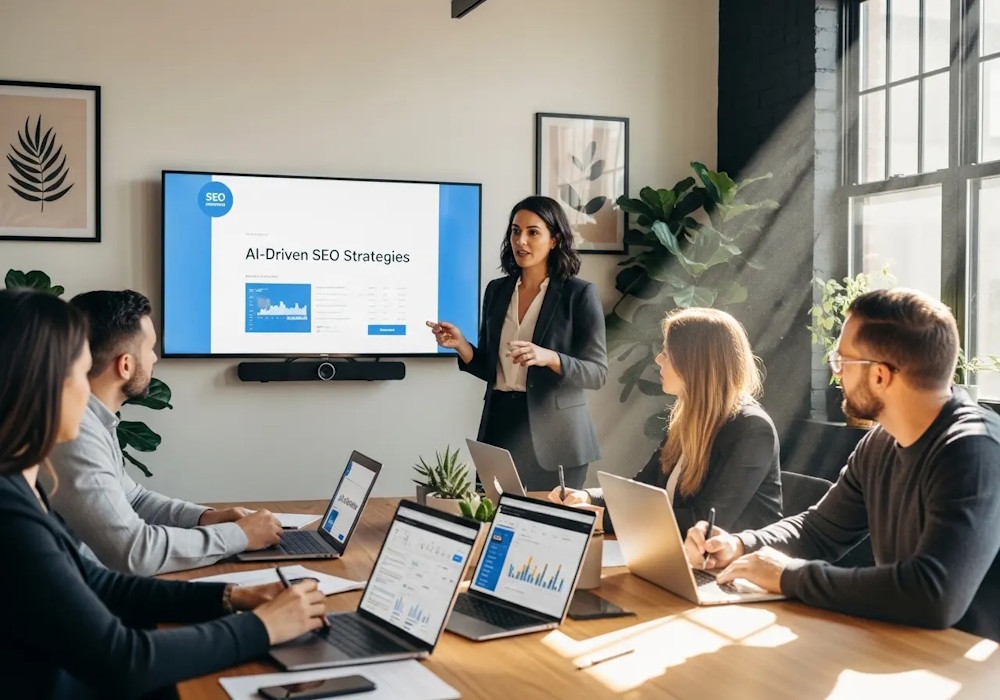 A woman presents "AI-Driven SEO Strategies" in a conference room representing ai and the future of SEO