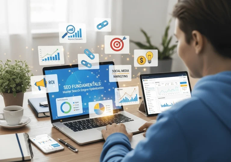 Person using a laptop and tablet to learn SEO online