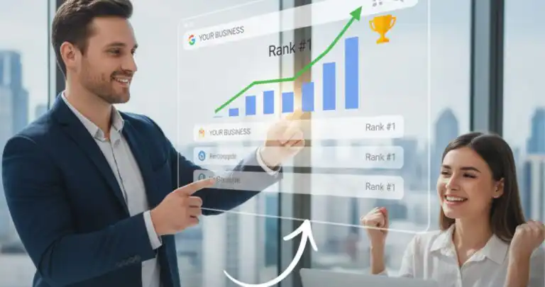 Two professionals in an office analyzing a digital growth graph during an SEO coaching session.