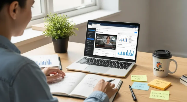 Person taking notes at a desk with a laptop showing an SEO training video.
