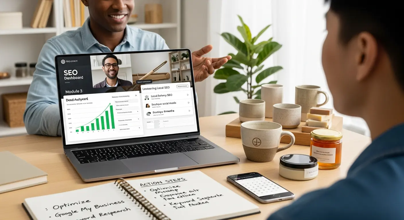 Two people during SEO coaching online showing an SEO dashboard and a video call.