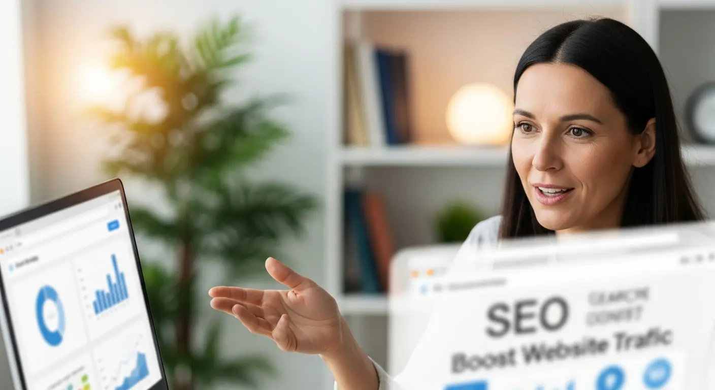 A woman discussing analytics during an SEO coaching online