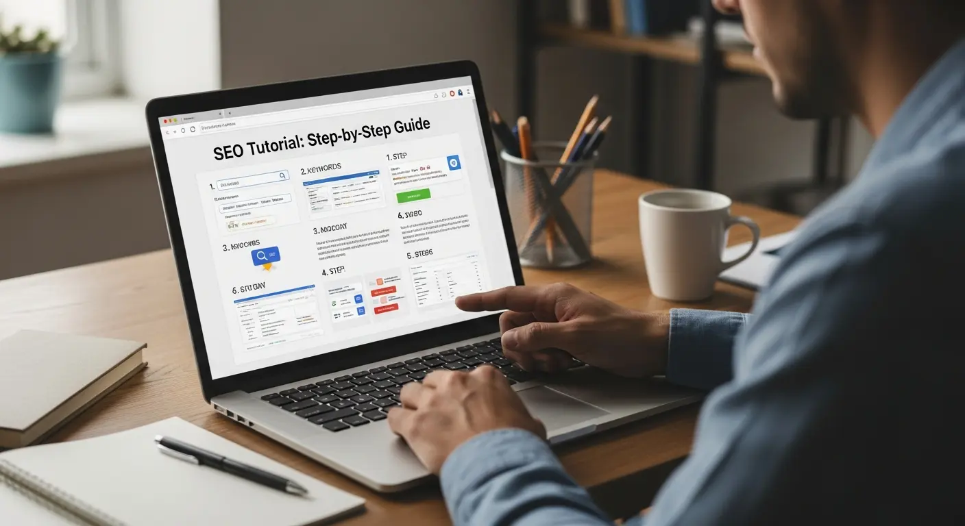 Person using a laptop displaying a "SEO Tutorial: Step-by-Step Guide" webpage.