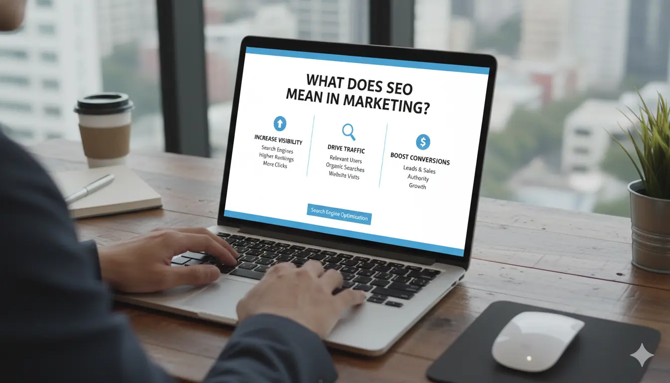 A person working on a laptop displaying a presentation slide titled "What does SEO mean in marketing?" which highlights visibility, traffic, and conversions.