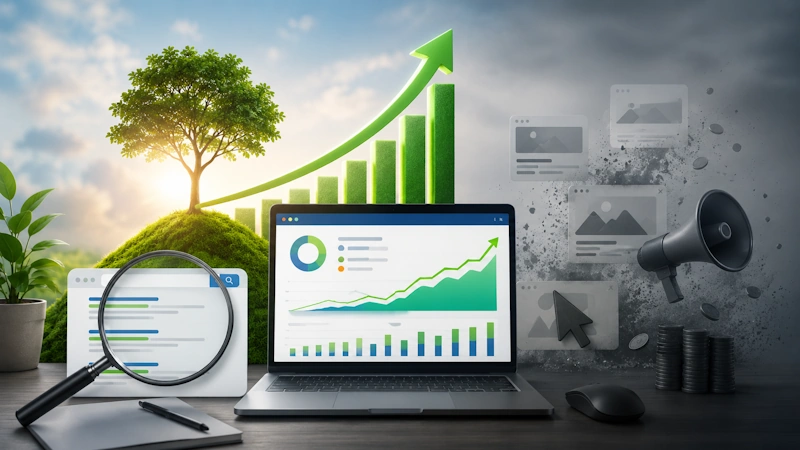 SEO vs. Advertising comparison with organic growth visuals, analytics dashboard, search results, and faded paid ad elements.